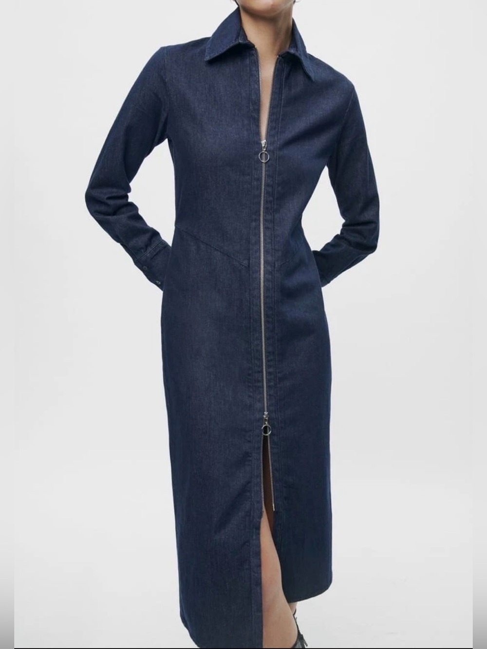 Zara "The Minimal Denim Dress" Long Sleeve Zip-Up Midi Dress - Dark Wash Blue S